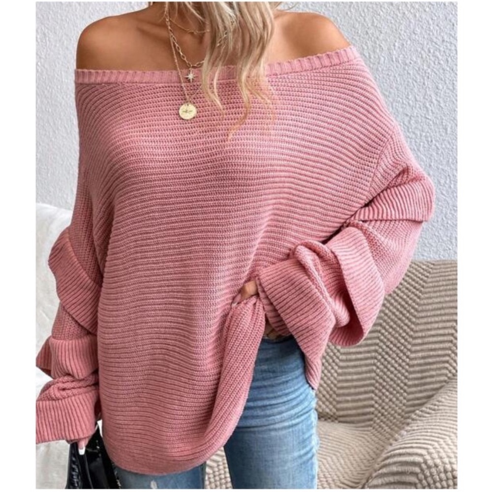 Pink Layered Batwing Sleeve Off Shoulder Knit Sweater Top S M L